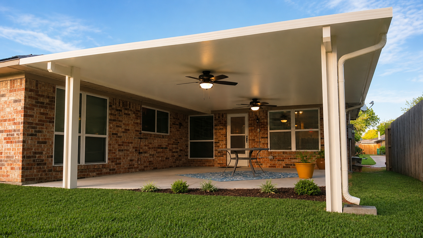 Upgraded patio retreat with custom aluminum cover near Angleton TX