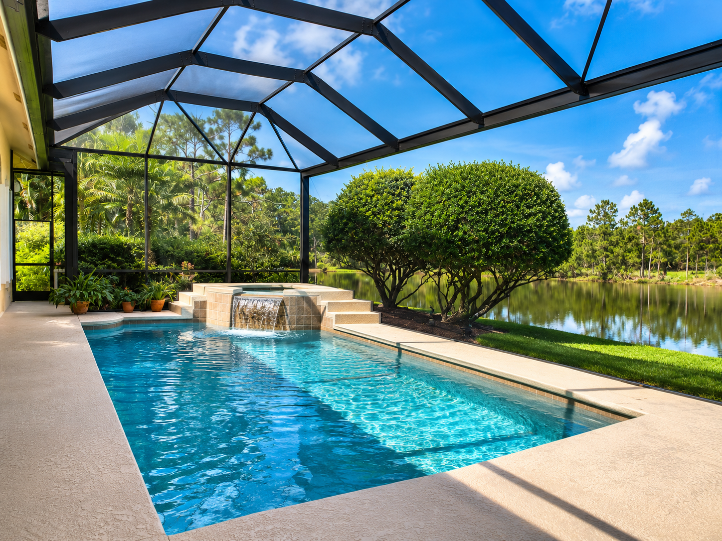 Pool enclosure on bayou with screened-in pool