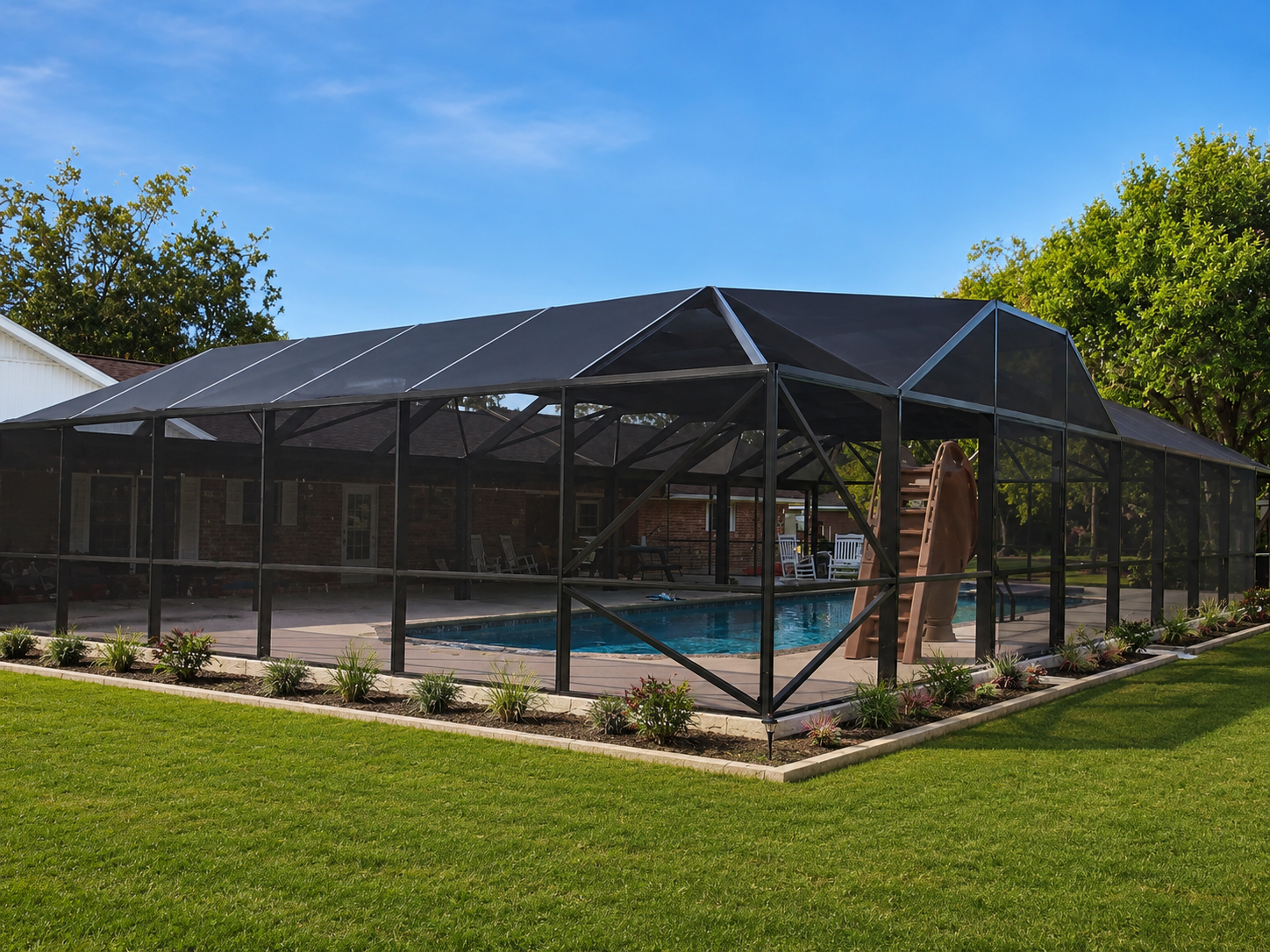 Custom screen enclosure with an open view over a Webster, TX pool