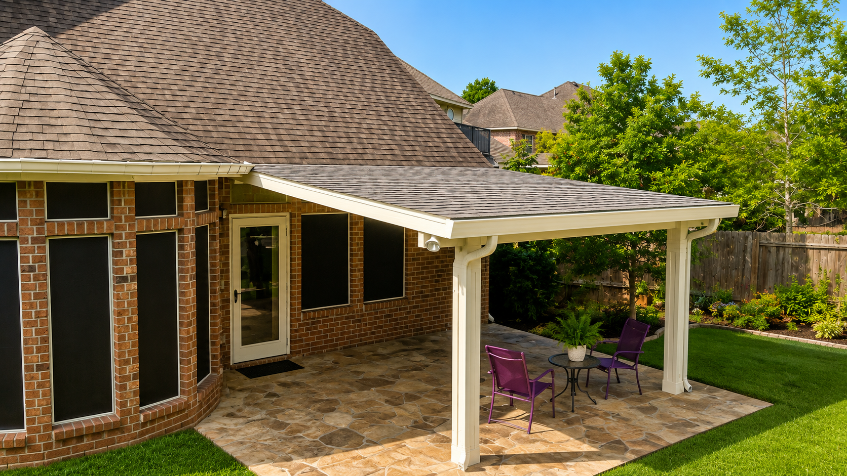 Suburban backyard retreat with custom shade structure near Tomball